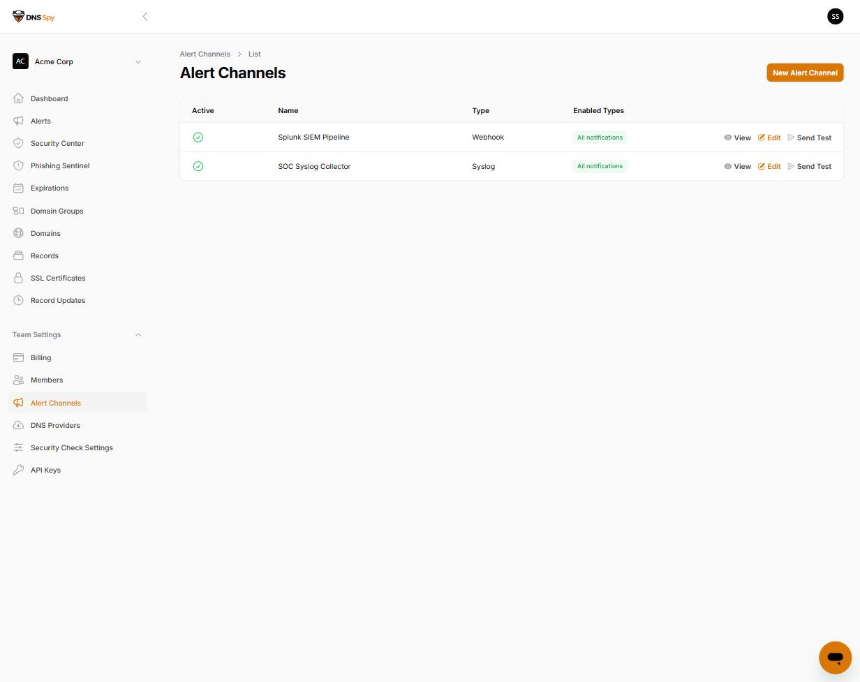 The Alert Channels list in DNS Spy showing webhook and syslog channels with the Send Test action