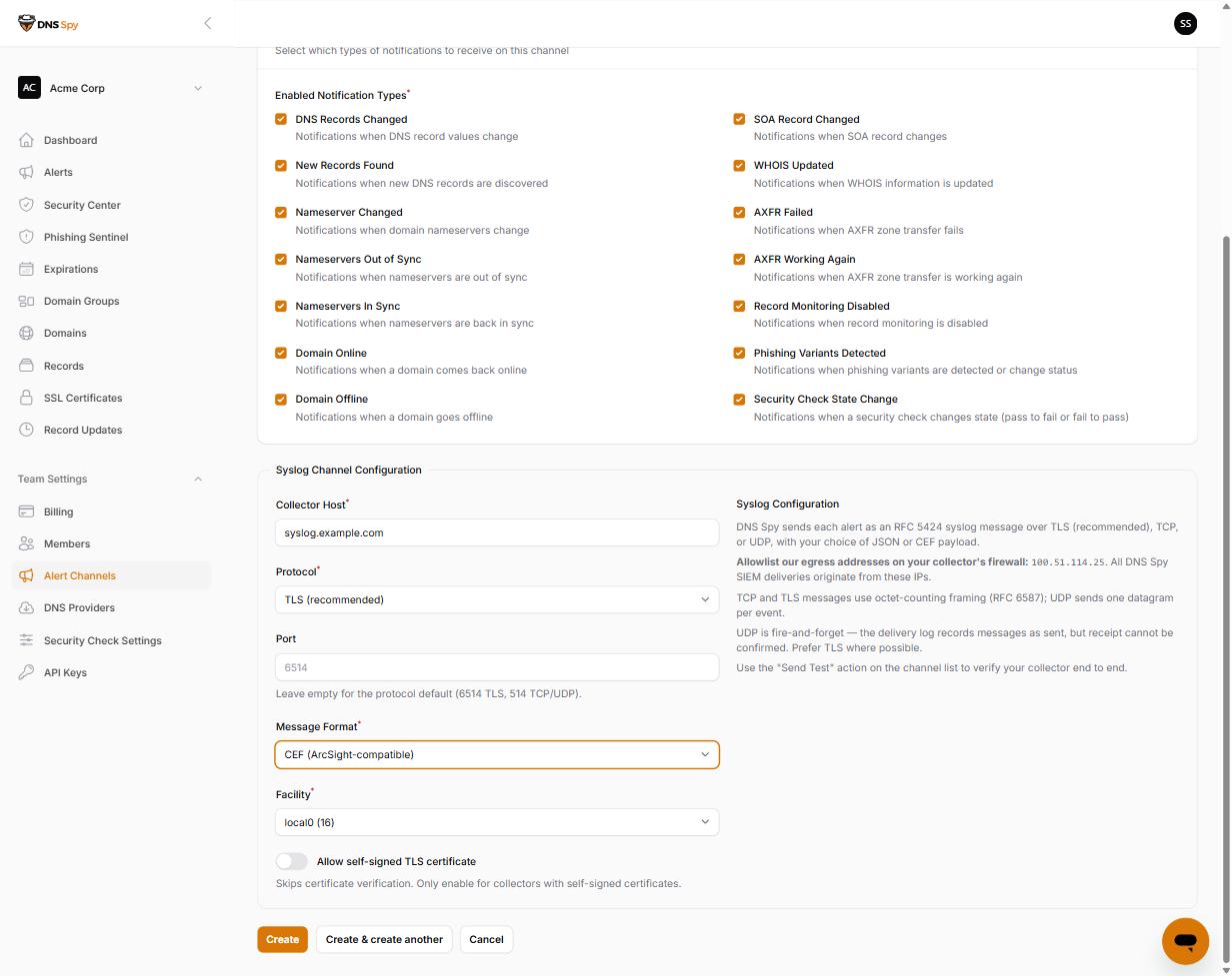 The Syslog Channel Configuration fieldset in DNS Spy: collector host, protocol, port, message format, facility, and self-signed TLS toggle, with the egress IP allowlist instructions beside the form