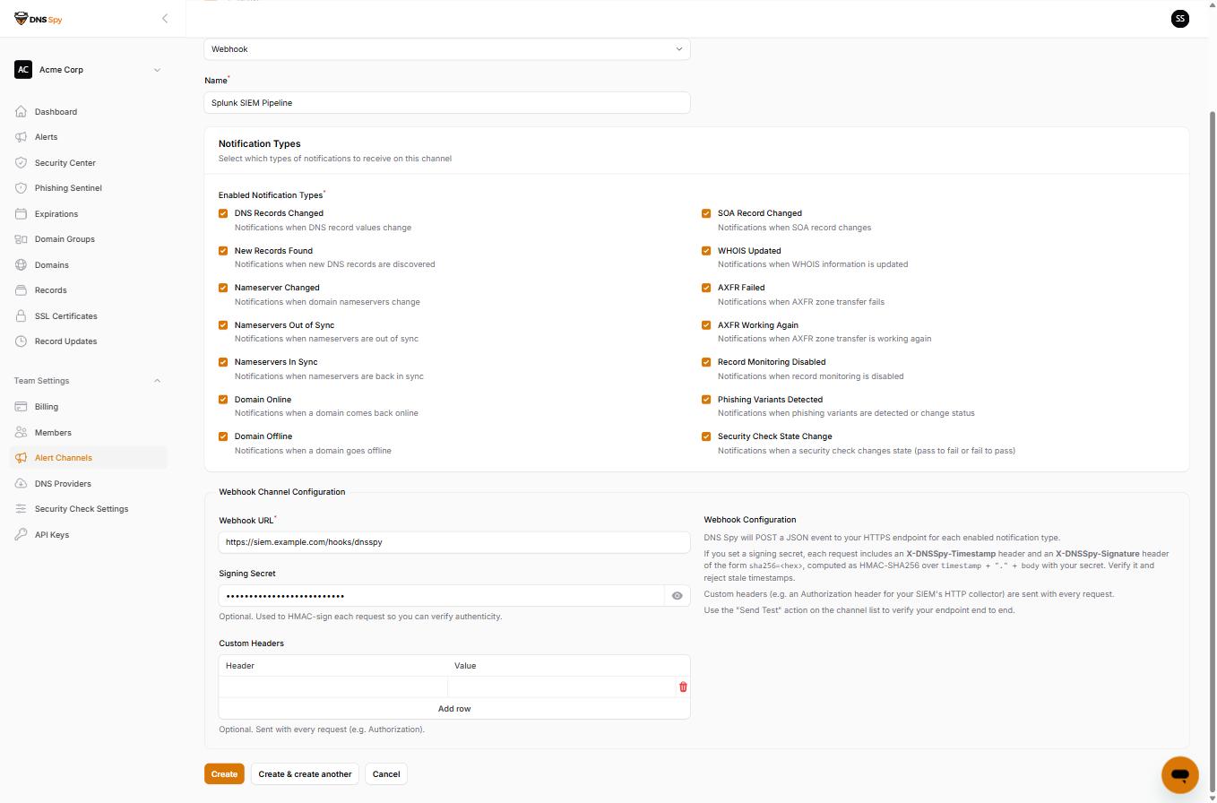Configuring a webhook alert channel in DNS Spy: URL, signing secret, and custom headers