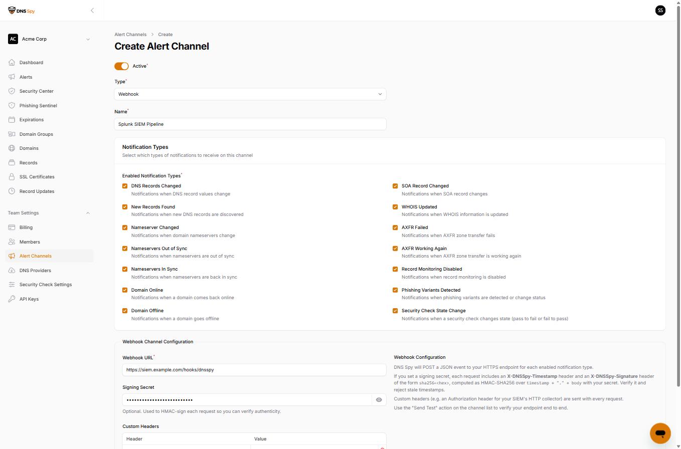 The Create Alert Channel form in DNS Spy with Webhook selected as the type and notification types enabled