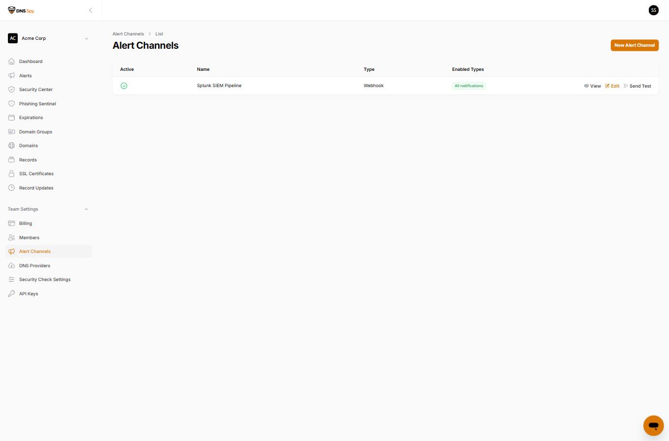 The Alert Channels list in DNS Spy showing a webhook channel with the Send Test action