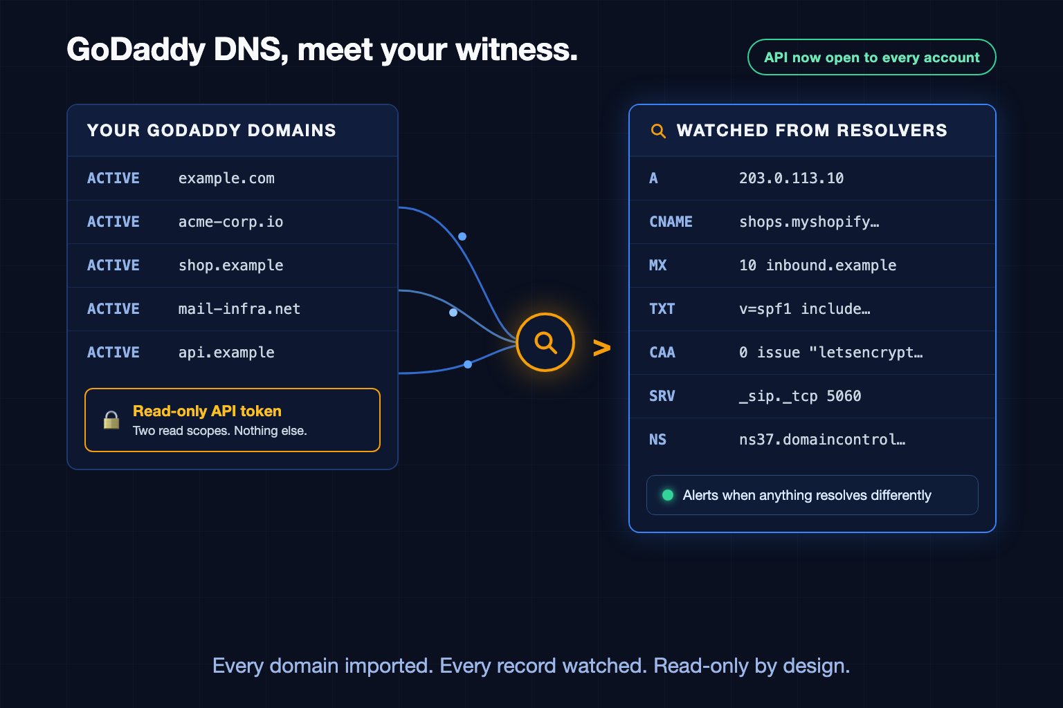 DNS Spy Now Connects to GoDaddy. Every Domain, Every Record, Read-Only.