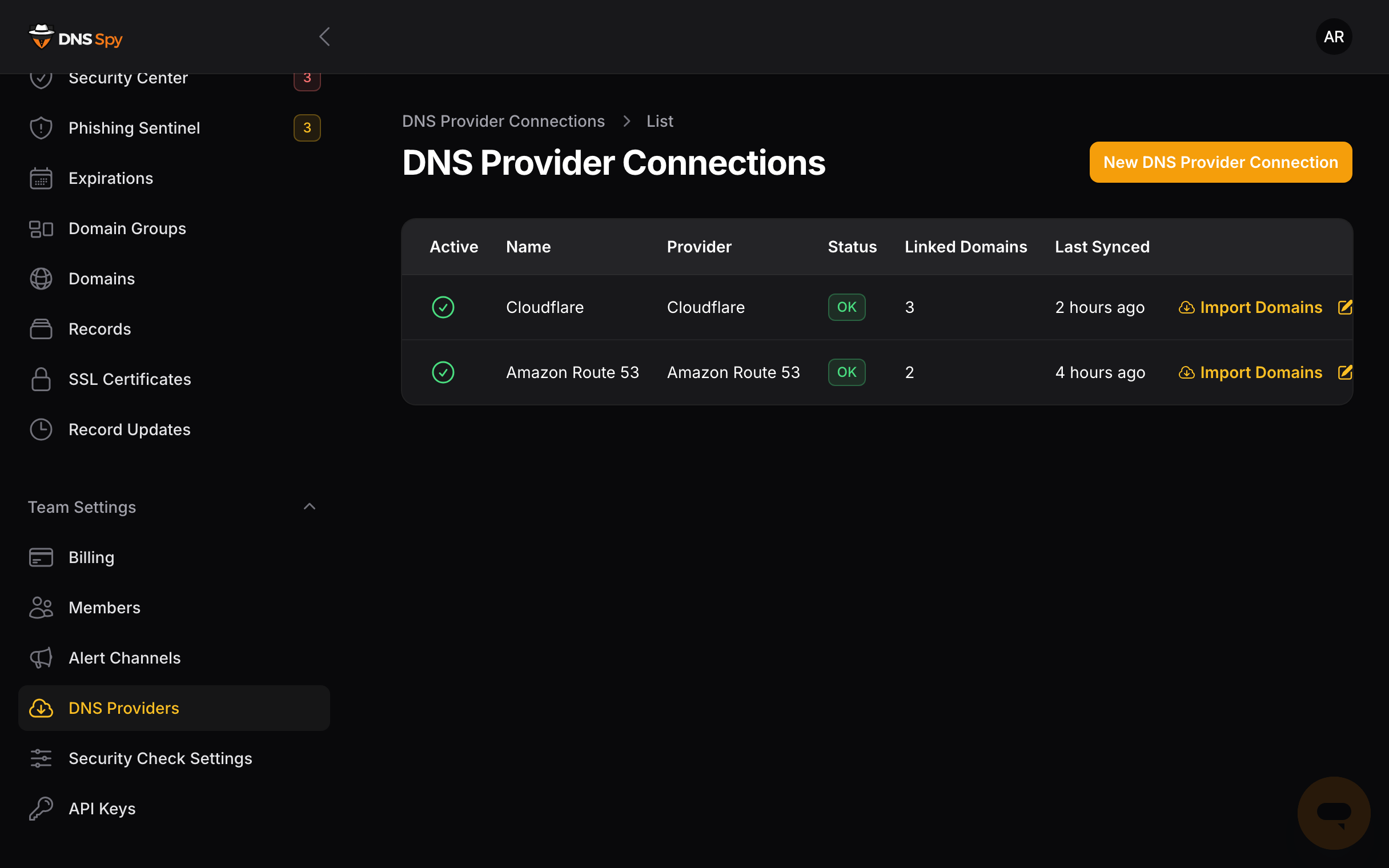 DNS Spy provider connections showing Cloudflare and Amazon Route 53 synced with linked domains