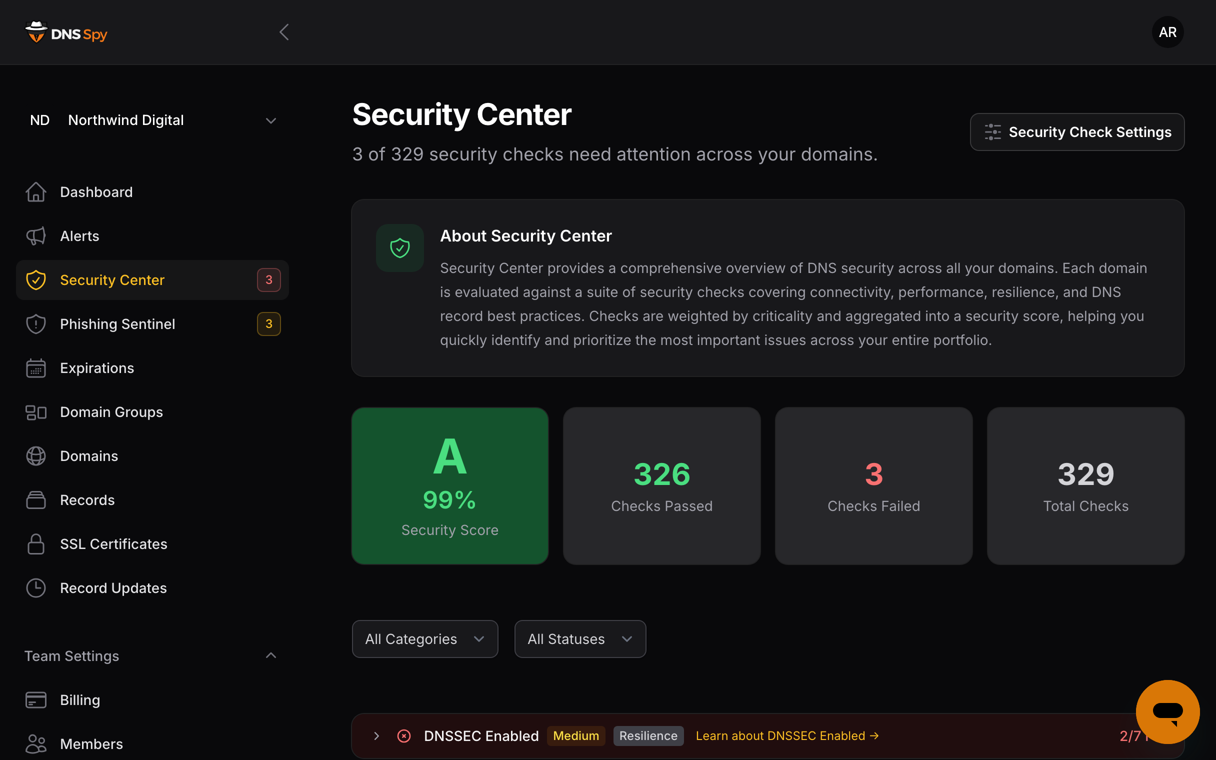 DNS Spy Security Center showing an A security grade with 326 of 329 checks passing
